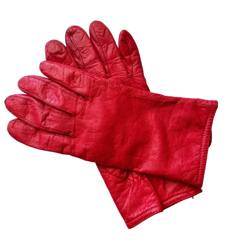 Vintage Red Leather Grandoe Warm Knit Lined Womens Wrist Gloves Size M